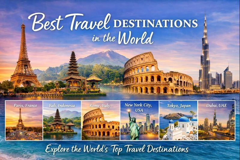 Best travel destinations in the world featuring Paris, Bali, Rome, New York City, Tokyo, Cape Town, Santorini, and Dubai