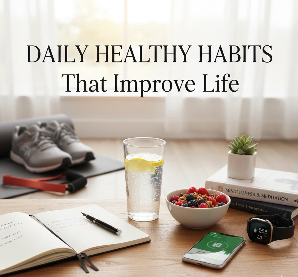 Daily healthy habits such as morning stretching, hydration, and a calm lifestyle for better physical and mental well-being.