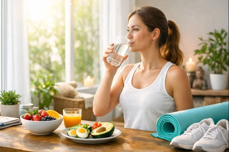 Daily health habits that actually work including hydration, exercise, healthy food, and mindful living
