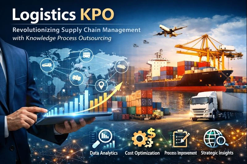 Business professional analyzing supply chain data on a tablet with global logistics network overlay, cargo ship, shipping containers, truck, and icons representing data analytics, cost optimization, process improvement, and strategic insights