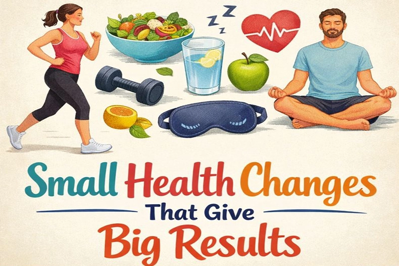 Small daily health habits like drinking water, walking, and eating fruits for better wellness