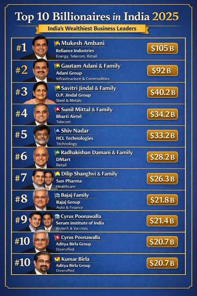 Top 10 Billionaires in India 2025 